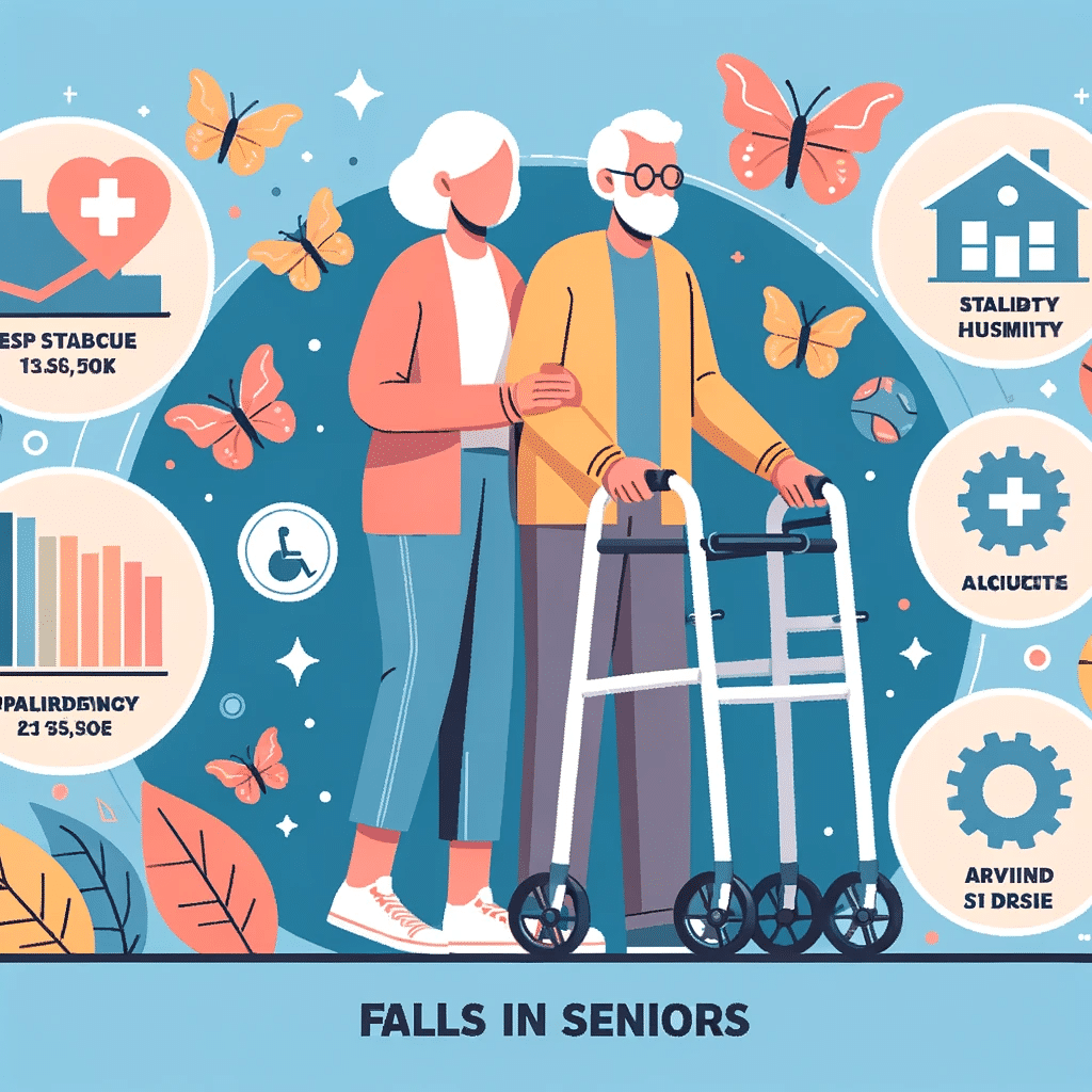 Vector infographic showcasing the statistics from the CDC about falls in seniors, with visuals of walkers offering stability and protection against accidents.