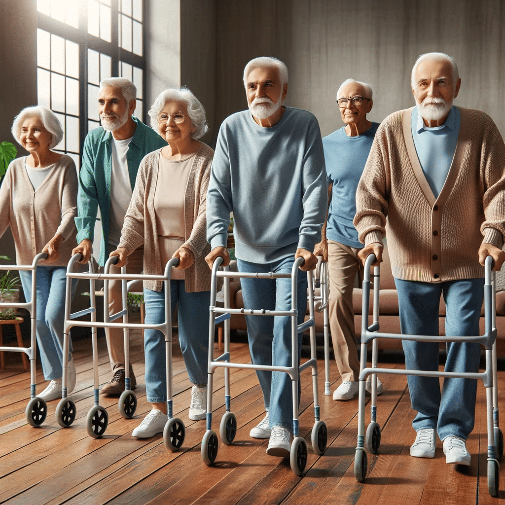 Photo of a group of seniors with diverse genders and descents using various types of walkers in a community setting, emphasizing the role of walkers in elderly support and safety.