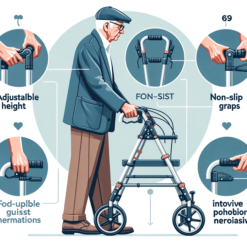 Vector infographic detailing key features of walkers for seniors: adjustable height, non-slip grips, folding mechanism, and the upright posture of innovative models.