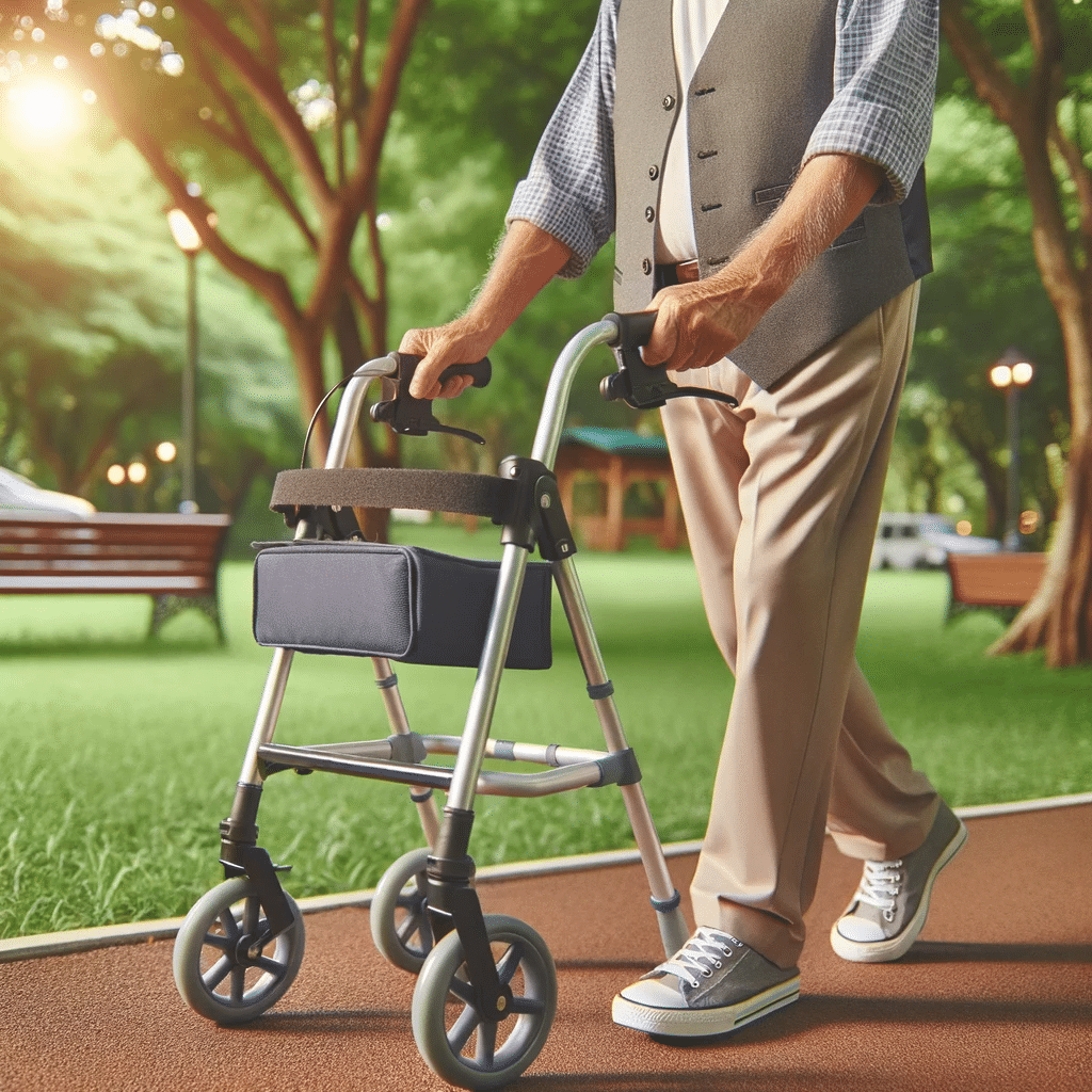 Photo of a senior man using a four-wheel walker in a park, highlighting its added mobility features and the smooth movement it offers.