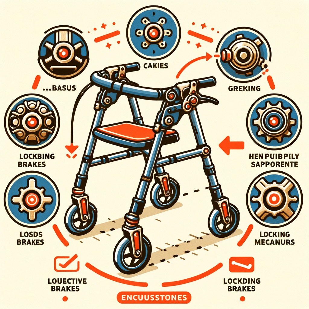 Vector infographic detailing the importance of locking brakes in walkers, showing the mechanism and emphasizing its significance in ensuring safety.