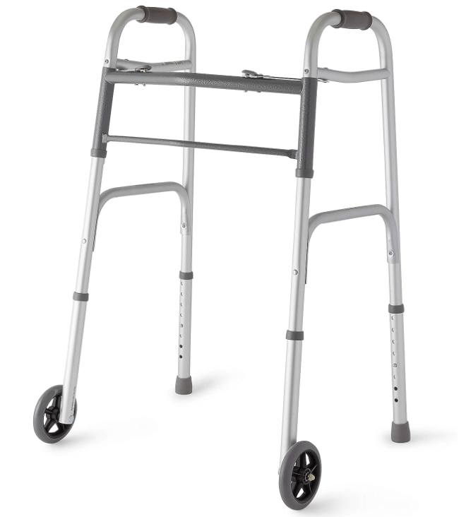Best Walkers for Seniors on a Budget: #5. Medline Two-Button Folding Walker with Wheels, Metallic, 1 Count